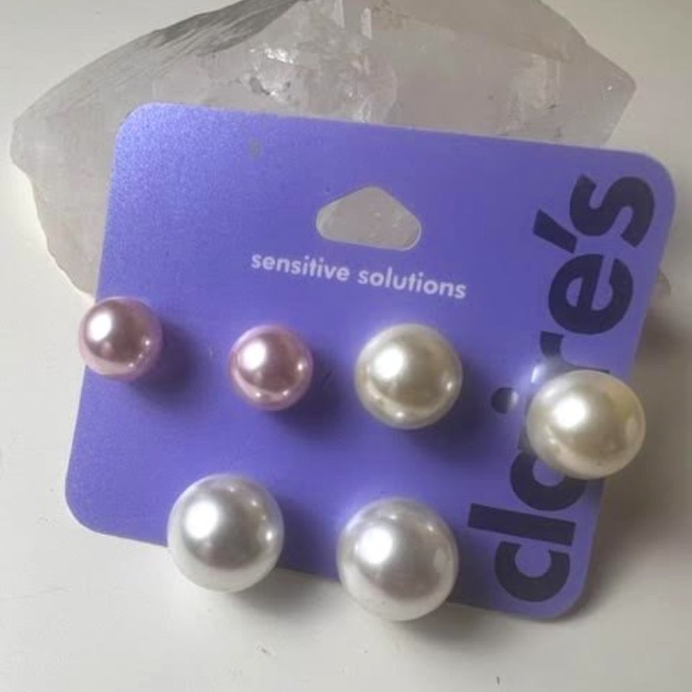 Claire's Pearl Stud Earrings Set - Pink and White